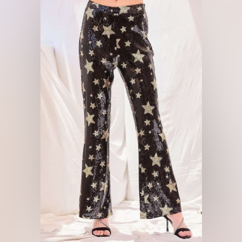 High Waist Sequin Star Flare Trouser Pants - Main Strip